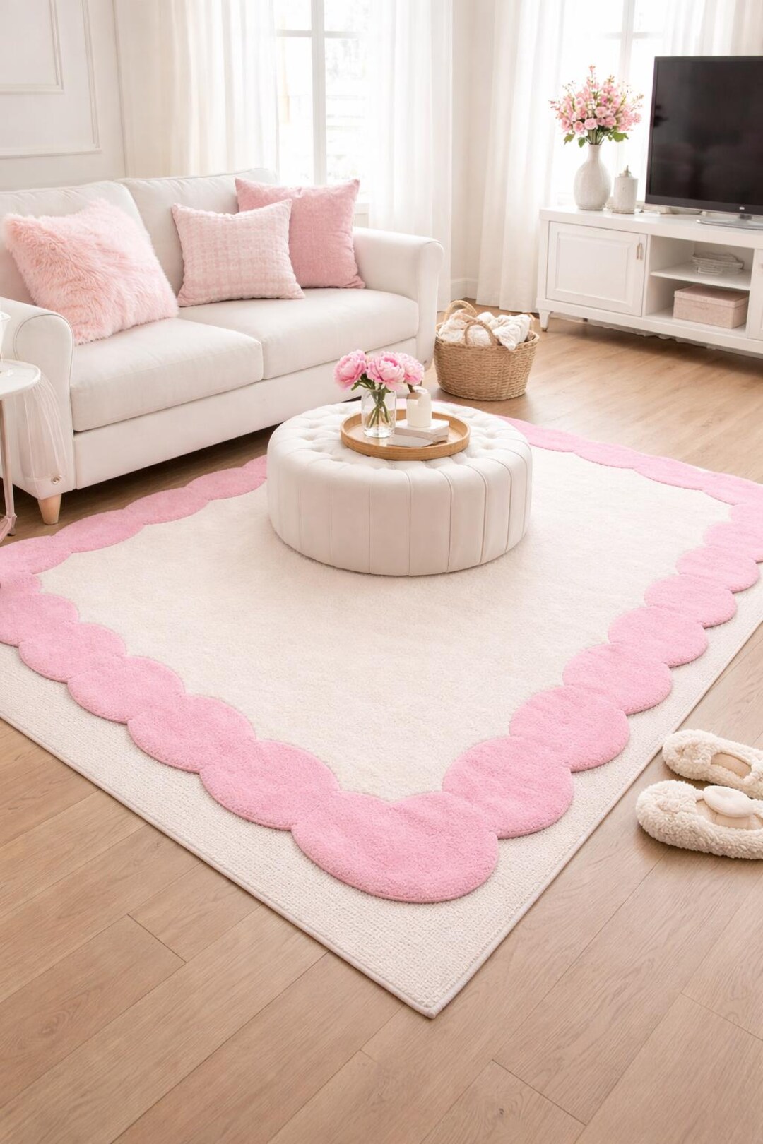Border Area Rug Pink Pink Scalloped Border and off White Tufted Area Rug - Etsy