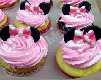Jumbo Sets Pink and Black Ears and Bows JUMBO Cupcake Toppers made of vanilla fondant any color