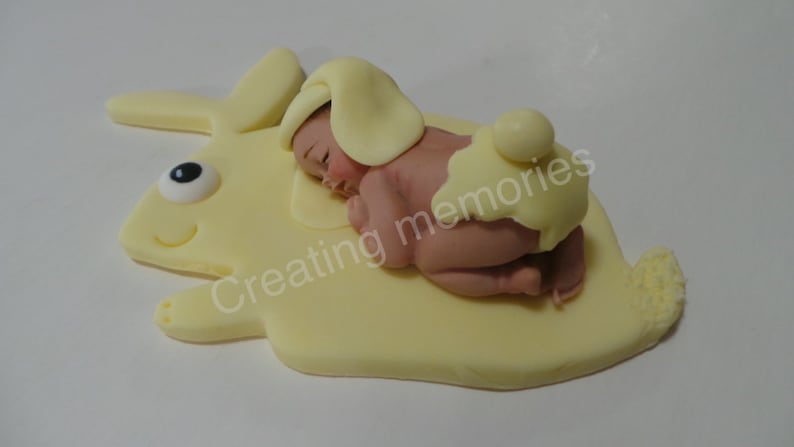 Fondant BABY With Little BUNNY Cake Topper showerBirthday PartyCake SuppliesCupcakesBaby Boy TopperFondant Baby