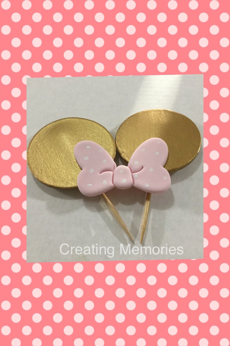 Jumbo Sets Pink and Black Ears and Bows JUMBO Cupcake Toppers made of vanilla fondant any color