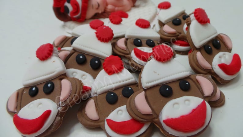 SOCK Monkey Baby Cake Toppers SETEdible Vanilla FondantBABY showerSpecial DecorationsCake Supplies