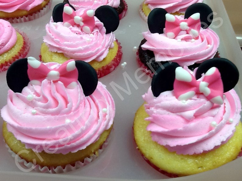 Jumbo Sets Pink and Black Ears and Bows JUMBO Cupcake Toppers made of vanilla fondant any color