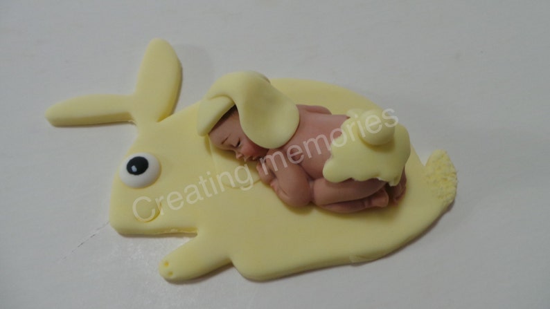 Fondant BABY With Little BUNNY Cake Topper showerBirthday PartyCake SuppliesCupcakesBaby Boy TopperFondant Baby