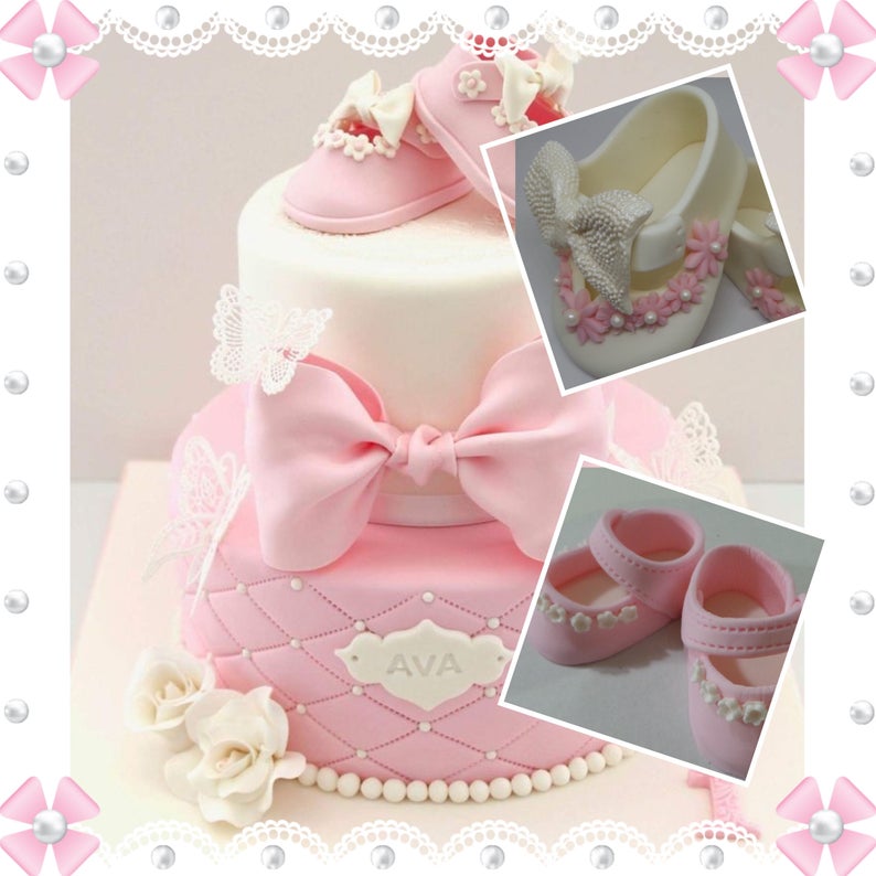 Fondant SHOES Pair of PINK baby girl shoes Cake Topper Made of Etsy