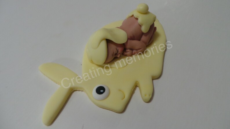 Fondant BABY With Little BUNNY Cake Topper showerBirthday PartyCake SuppliesCupcakesBaby Boy TopperFondant Baby