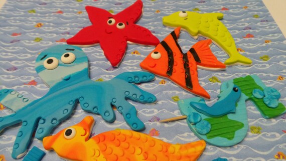 Edible Cake Decorations Bright And Happy Sea Creatures Cake Topper Set Made Of Vanilla Fondant Ready To Use On Your Cakes