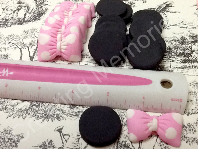 Jumbo Sets Pink and Black Ears and Bows JUMBO Cupcake Toppers made of vanilla fondant any color
