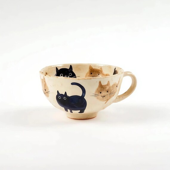 Handmade Cat Mug | Cute Hand Painted Ceramic Cup | Japanese Style Pottery Coffee Mug | Cat Lover Gift | Cozy Aesthetic Tea Cup
