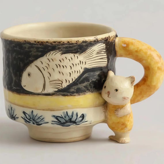 Handmade Cat and Fish Ceramic Mug, Japanese Pottery Animal Cup, 3D Cat Handle Coffee Mug, Cute Handcrafted Tea Cup