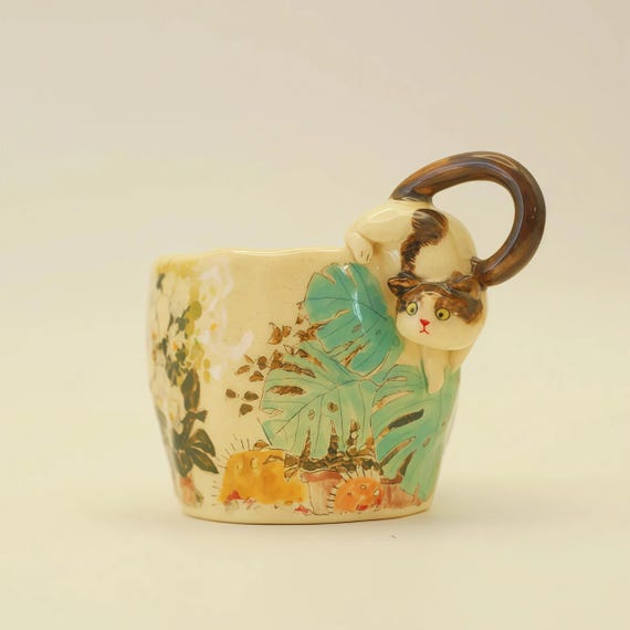 Handmade Calico Cat Ceramic Mug – Cute Climbing Cat Handle Cup, Tropical Leaf Pottery Coffee Cup, Cat Lover Gift