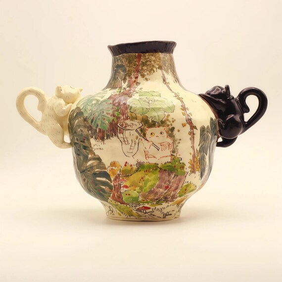 Handmade Dual Handle Cat Ceramic Vase – Whimsical Jungle Pottery Art, Hand-Painted Colorful Floral Vase, Unique Home Decor