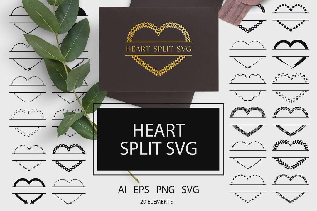 Splt Heart 20 Split Heart SVG PNG Bundle Elements Half Heart Designs Cricut ...