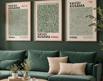 Juego de 3 láminas de Yayoi Kusama en verde salvia, lámina artística de Kusama, póster de Yayoi Kusama, arte mural japonés, lámina japonesa inspirada en Kusama, +1 póster extra.