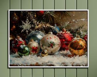 May include: A framed wall art print depicting a collection of round Christmas ornaments in red, gold, green, and white, resting on a snowy surface beneath pine branches. The ornaments feature intricate patterns, including holly leaves and snowflakes.