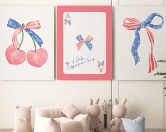4th of July Bow Print Set of 3, American Art Print, Independence Day Art, Girly Wall Art, Trendy Wall Art, Ace Wall Art, Cherry Wall Art