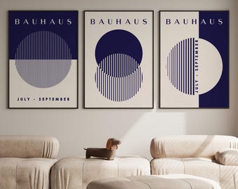 Marinblå Bauhaus-cirklar och ränder, set om 3, 50-talsmodern, geometrisk väggkonst, Bauhaus-väggkonst, Bauhaus-tryck, marinblå väggkonst