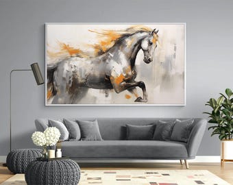 Groot abstract paard kunst aan de muur afdrukbaar, modern schilderij rennend paard met expressieve penseelstreken, paardenkunstwerk in neutrale aardetinten