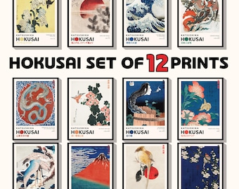 Katsushika Hokusai Set of 12 Print | Hokusai Wall Art | Hokusai Art Print | Japanese Wall Art | Japanese Woodblock | Ukiyo-e Print