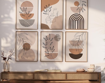 Neutral Boho Wall Art Set of 6 Print | Mid Century Wall Art | Geometric Wall Decor | Modern Home Prints | Botanical Line Art | Boho Wall Art