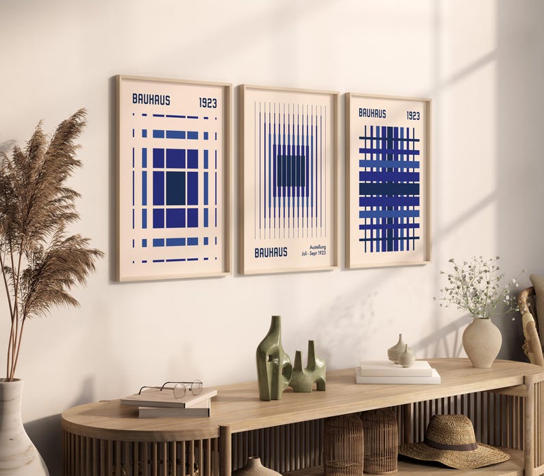 Bauhaus Blue Geometric Poster Set of 3, Abstract Mid Century Modern ...