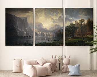 Conjunto de 3 pinturas de paisajes vintage, Albert Bierstadt entre la Sierra Nevada, arte mural de montaña y cascada para una decoración atemporal del hogar.