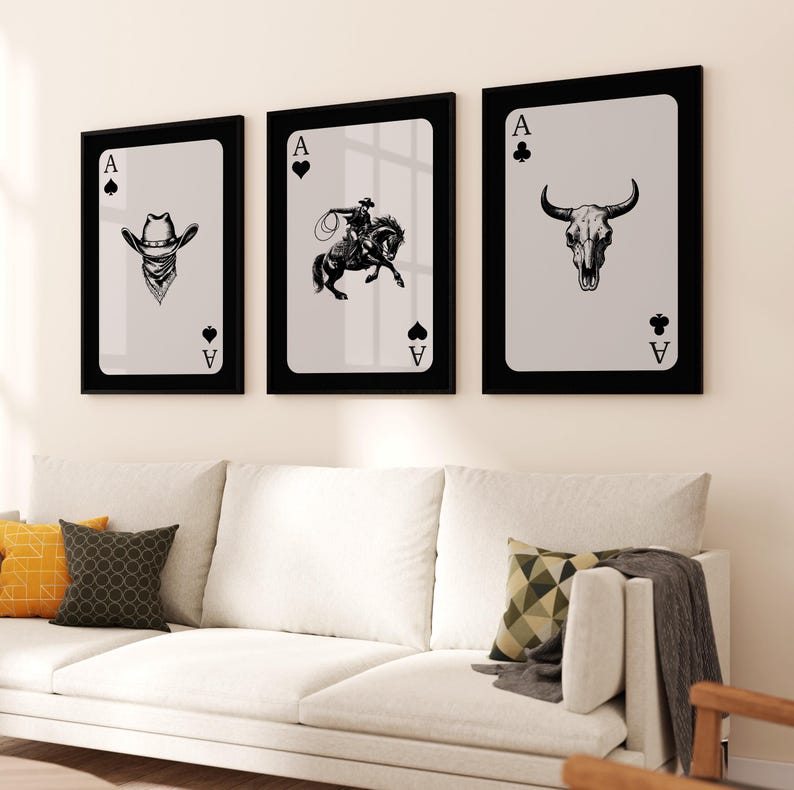 Western Wall Art Set of 3, Cowboy Prints, Playing Card Wall Art ...