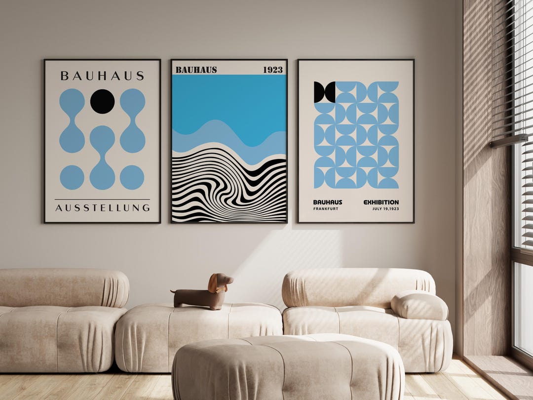 Bauhaus Blue Abstract Poster Set of 3, Mid Century Modern Wall Art ...
