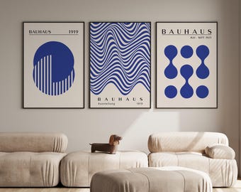 Blue Bauhaus Poster Set of 3: Retro Minimalist Wall Art (Digital Download)