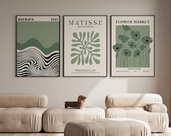 Sage Green Gallery Wall Set | Exhibition Set of 3 Prints | Matisse, Flower Market, Bauhaus Print | Sage Green Wall Art