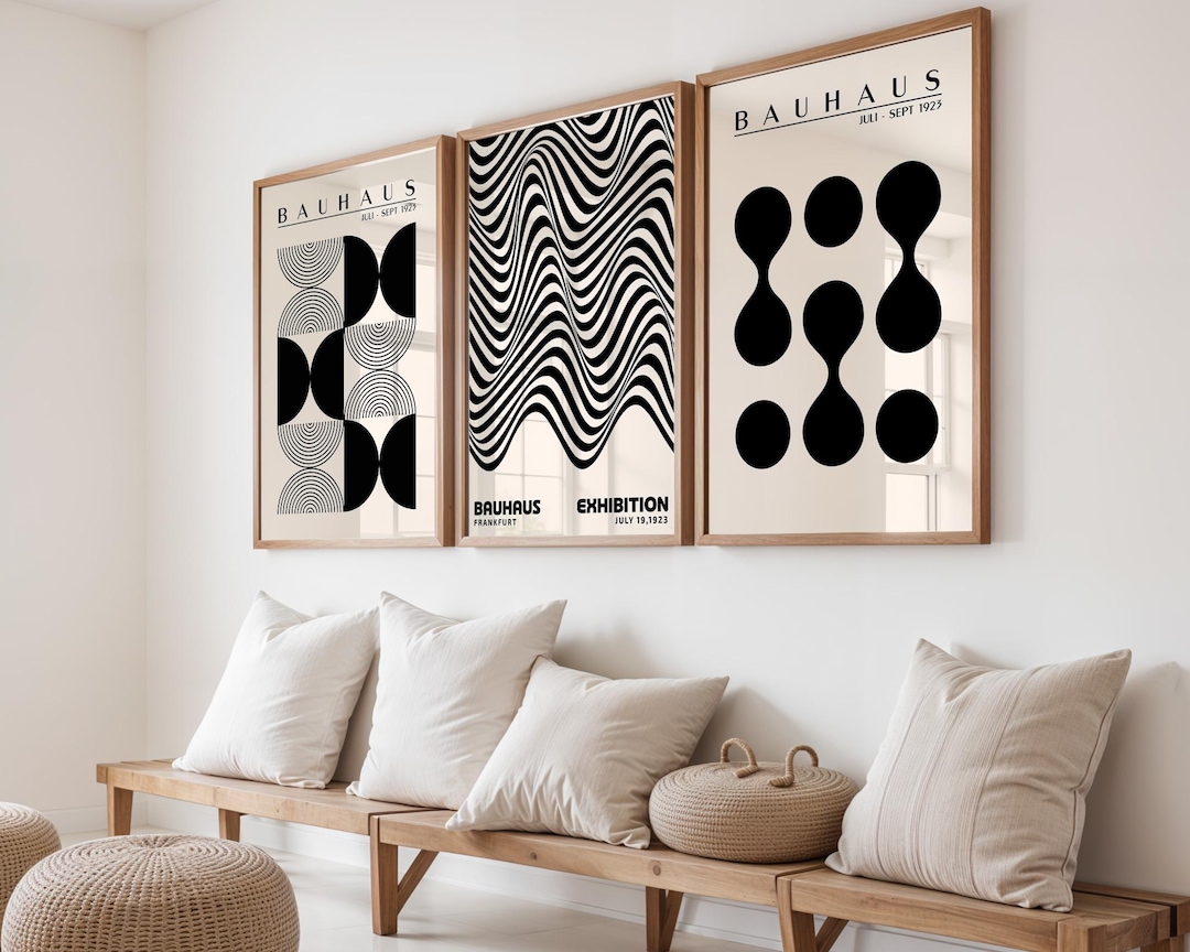Bauhaus Black Poster Set of 3, Mid Century Modern Abstract Wall Art ...