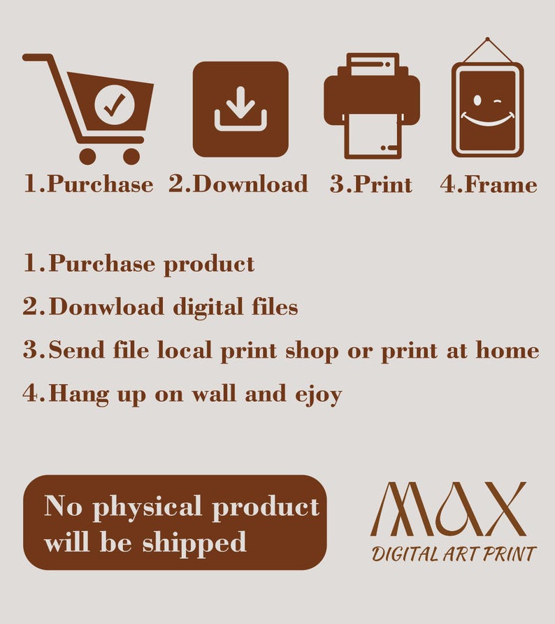 May include: A brown and light gray instructional graphic for a digital art print. It features four icons representing purchase, download, print, and frame, followed by numbered steps and the text: No physical product will be shipped and MAX DIGITAL ART PRINT.