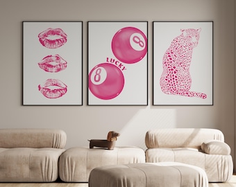 Trendy Retro Print Set of 3, Pink  Retro Poster, Lips Print, 8Ball Wall Art, Leopard Poster, Collage Room Decor, Girly Wall Art
