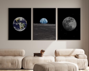 Space Print Set of 3, Earth Print, Moon Print, Earthrise Print, Apollo Poster, Vintage Space Print, Nasa Poster, Earth Poster, Moon Poster