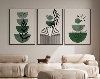 Green Boho Abstract Set of 3 Print | Mid Century Wall Art | Modern Home Wall Art | Botanical Line Art | Geometric Wall Art | Boho Wall Art