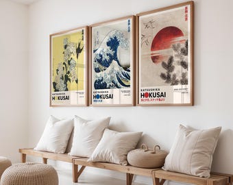 Katsushika Hokusai Set of 3 Print, Hokusai Wall Art, Japanese Art Print, Hokusai Print, Japanese Wall Art, Japanese Woodblock, Ukiyo-e Print