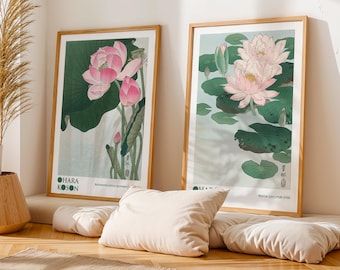 Ohara Koson Prints Set of 2 | Blooming Lotus Flower | Water Lily Print | Japanese Wall Art | Botanical Art Print | Vintage Japanese Print
