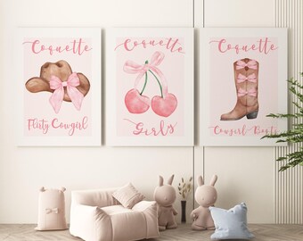 Kokette Cowgirl Druck 3er-Set, Preppy Pink Western Wandkunst mit Schleifen, feminine mädchenhaft ästhetische Poster, College Wohnung Dekor