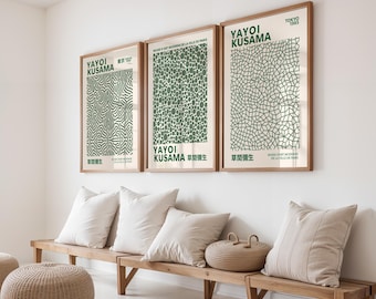 Juego de 3 láminas de Yayoi Kusama en verde salvia y verde, arte mural de Kusama, lámina de Yayoi Kusama, arte mural japonés, arte inspirado en Kusama, +1 póster de regalo.
