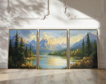 Serene Mountain and Lake Wall Art Set of 3 with Golden Reflections, Oversized Watercolor Landscape Triptych Artwork for Modern Home Decor