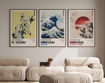 Katsushika Hokusai Set of 3 Print, Hokusai Wall Art, Japanese Art Print, Hokusai Print, Japanese Wall Art, Japanese Woodblock, Ukiyo-e Print