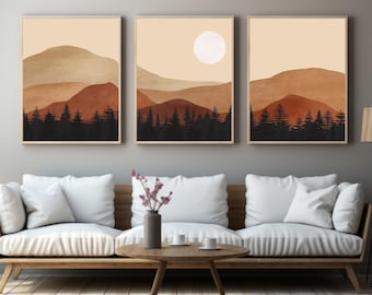 Earth Tones Mountain Wall Art, Abstract Mountain Print Set, 3 Piece Wall Art, Landscape Print Set, Modern Home Decor, Printable Triptych