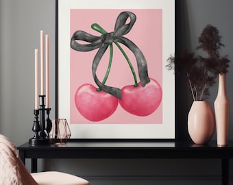 Cherry Print, Trendy Wall Art, Printable Feminine Poster, Coquette Pink Bow Bedroom Decor, Girly Preppy Aesthetic, College Apartment Print