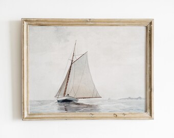 Lámina de acuarela de velero en tonos suaves, Navegando frente a Gloucester por Winslow Homer, Arte de paisaje marino vintage, Decoración náutica costera para pared