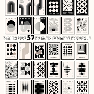 Pacchetto di 57 stampe Bauhaus nere, stile Mid-Century Modern, poster astratti neri, poster geometrici neri, stampe Bauhaus nere, arte murale nera