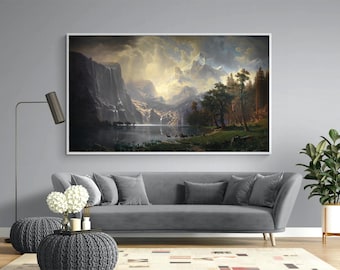 Gran pintura de paisaje vintage, entre la Sierra Nevada, Albert Bierstadt, pintura de montañas, pintura de cascada, arte moderno de gran tamaño
