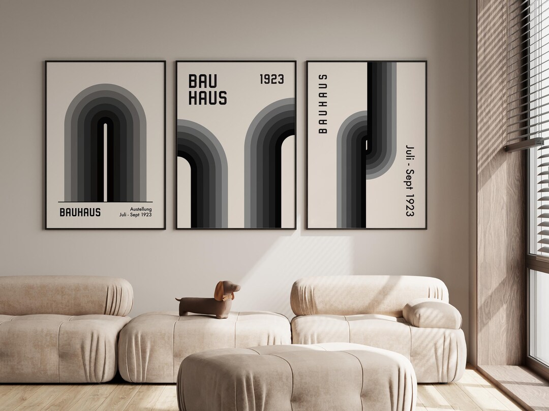 Bauhaus Black Gray Tones Poster Set of 3, Neutral Geometric Wall Art ...