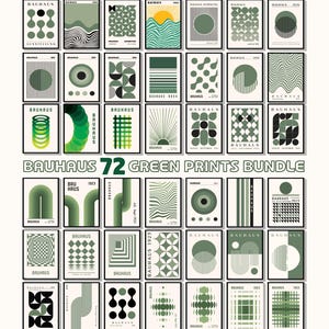 May include: A collection of 72 Bauhaus-style art prints featuring various geometric patterns, abstract shapes, and line art in shades of green, white, and black. The prints are arranged in a grid, with the text BAUHAUS 72 GREEN PRINTS BUNDLE centered.