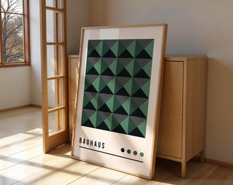 Bauhaus Green Geometric Pattern Poster, Minimalist Mid Century Modern Wall Art, Bauhaus Style Abstract, Triangle Design Poster Print