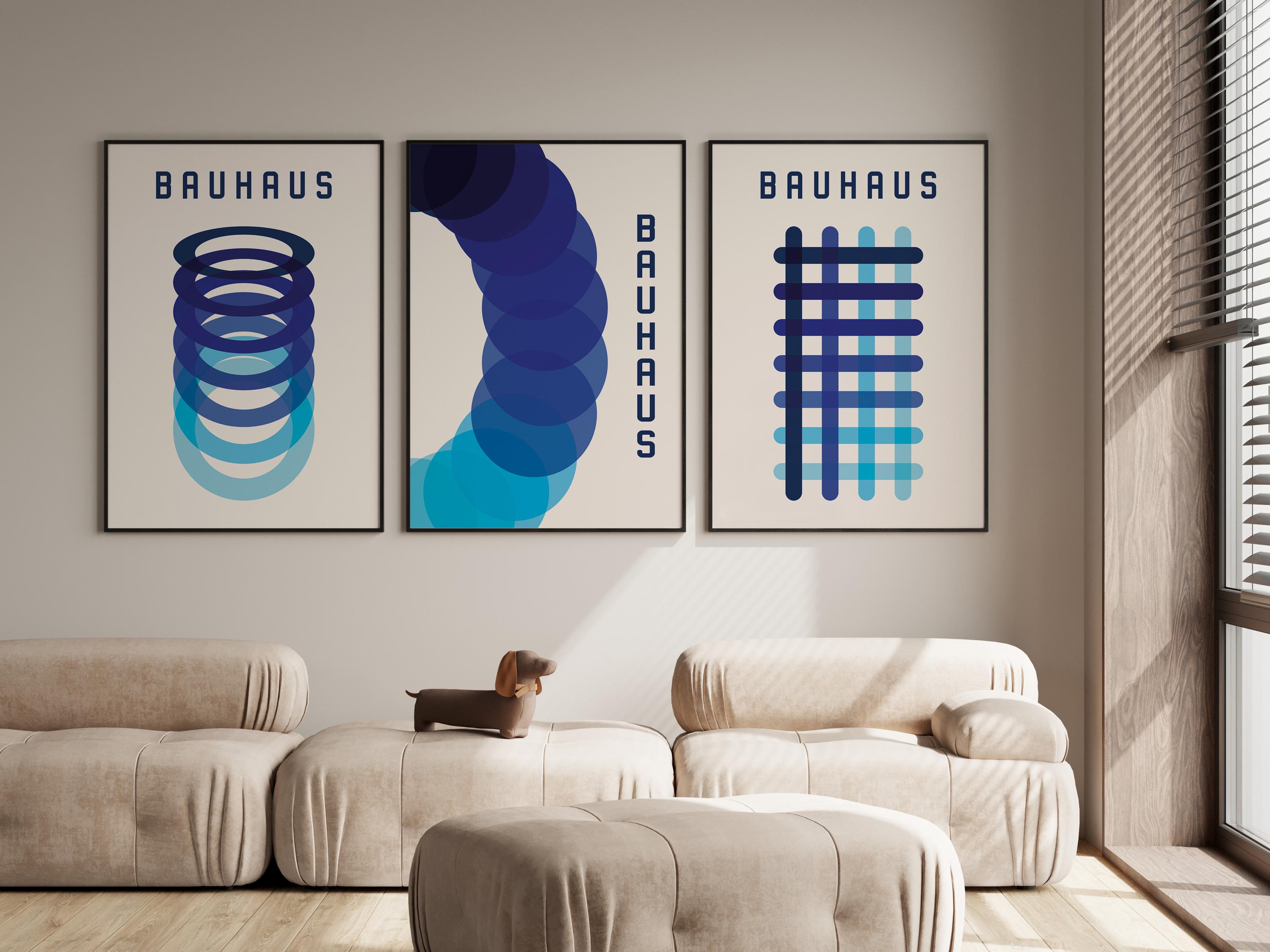 Bauhaus Blue Tones Geometric Poster Set of 3, Mid Century Modern Wall ...