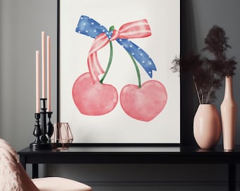 4th of July Cherry Print, American BOW Wall Art, Independence Day Art, American Girl Print, Trendy Wall Art, Bow Wall Art, Cherry Wall Art